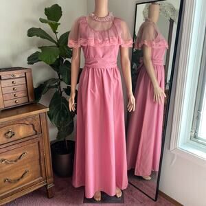 Vintage 80s Romantic Pink Lace Cape Formal Dress